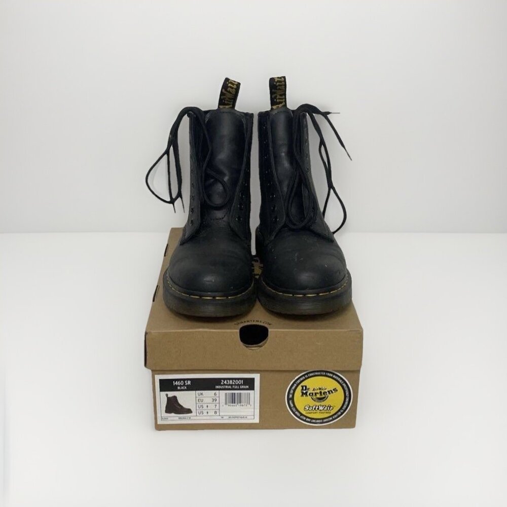 Doc Marten Black Leather SR 8 Combat Boots Shoes Sz 8 W 7 M Gothcore Lace Up